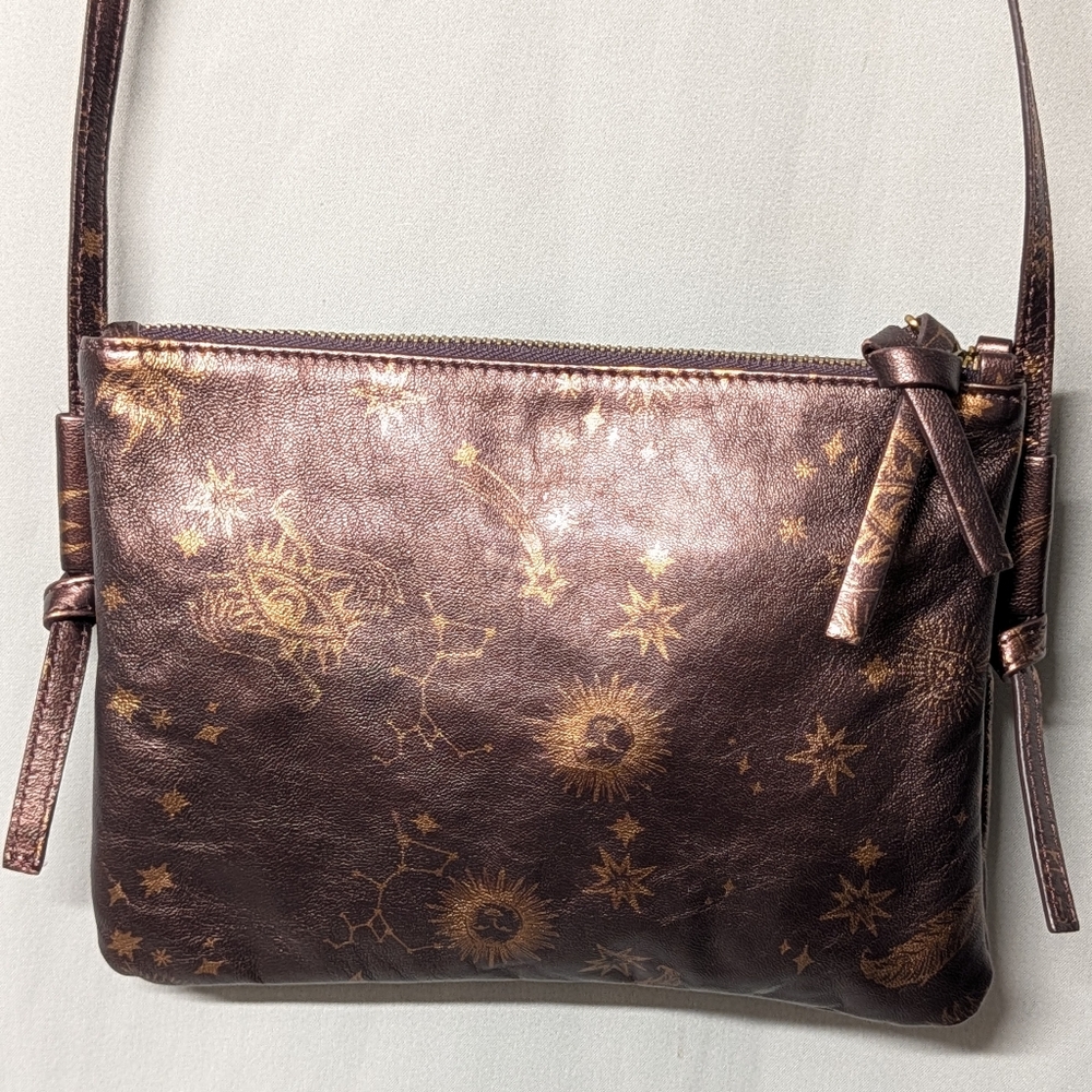 Johnny Was ⭐ Italian Metallic Brown Leather Gold Celestial Print Crossbody Bag